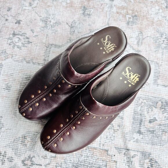 New Sofft Womens Slip Resistant Leather Clogs 7 M Studded Mule Slip On Brown - Picture 2 of 9